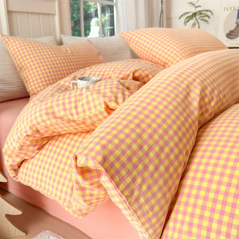 Small Check Gingham Cotton Bedding Set - Pink & Yellow - 2PCS Pillowcases - 19" x 29" - image 6
