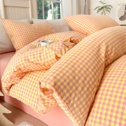Small Check Gingham Cotton Bedding Set - Pink & Yellow - 2PCS Pillowcases - 19" x 29" - image 6