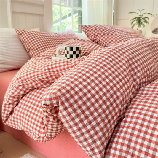 Small Check Gingham Pure Cotton Bedding Set - Orange & Red - 2PCS Pillowcases - 19" x 29" - image 0