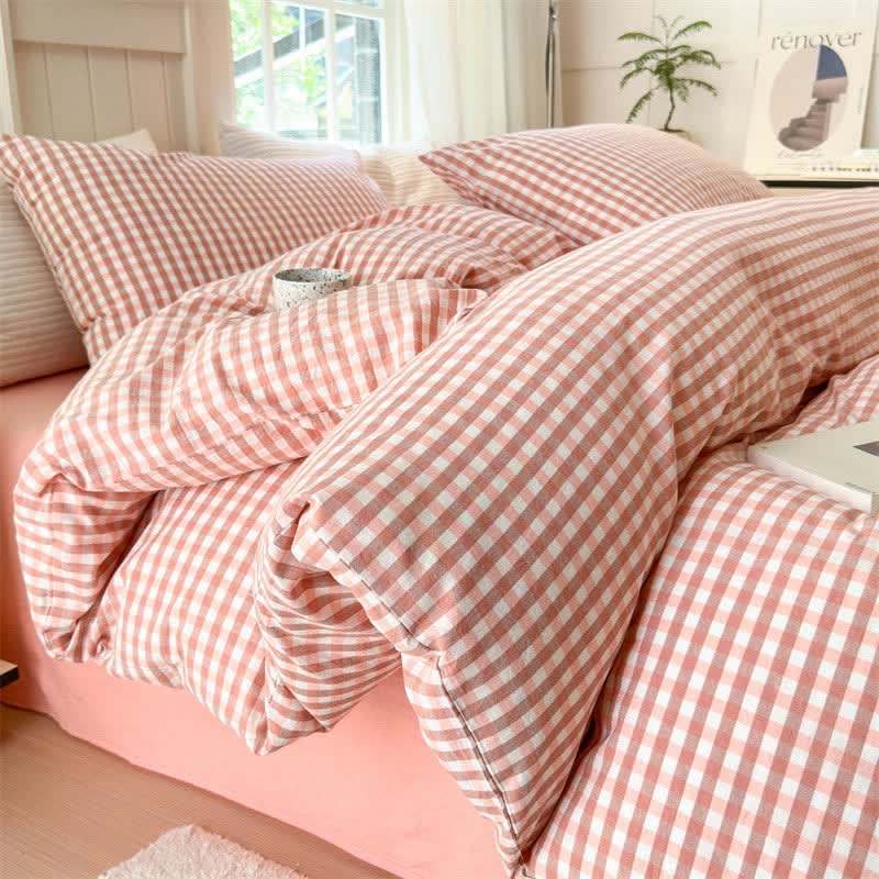 Small Check Gingham Pure Cotton Bedding Set - Pink - 2PCS Pillowcases - 19" x 29" - image 9
