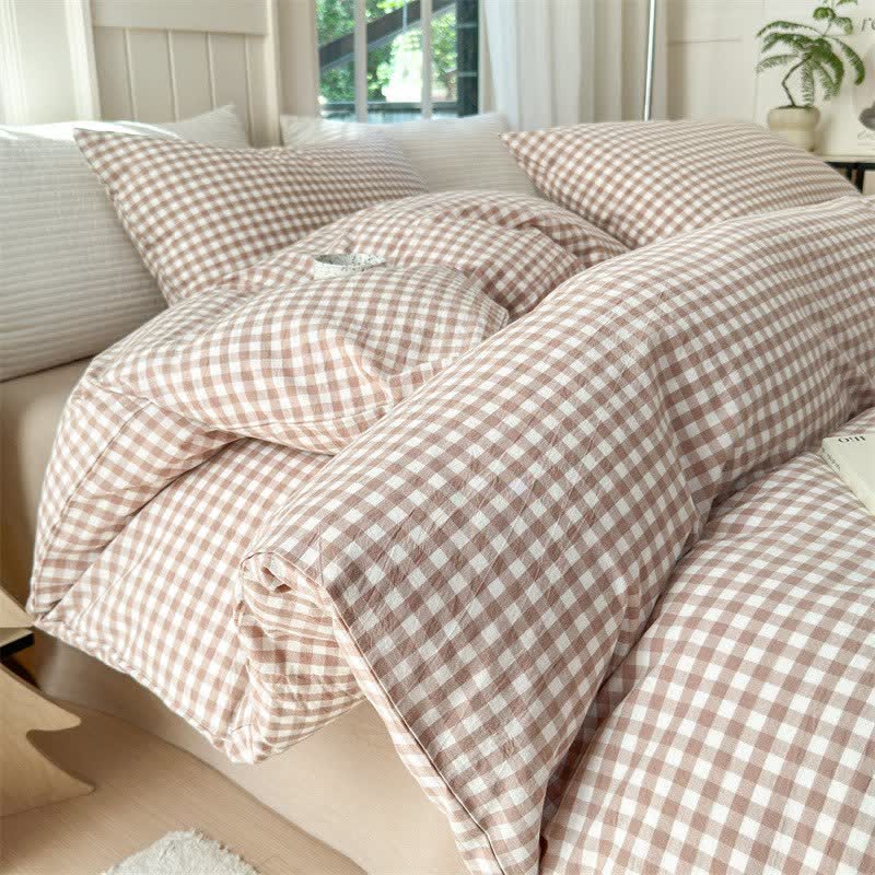 Small Check Gingham Pure Cotton Bedding Set - Khaki - 2PCS Pillowcases - 19" x 29" - image 19