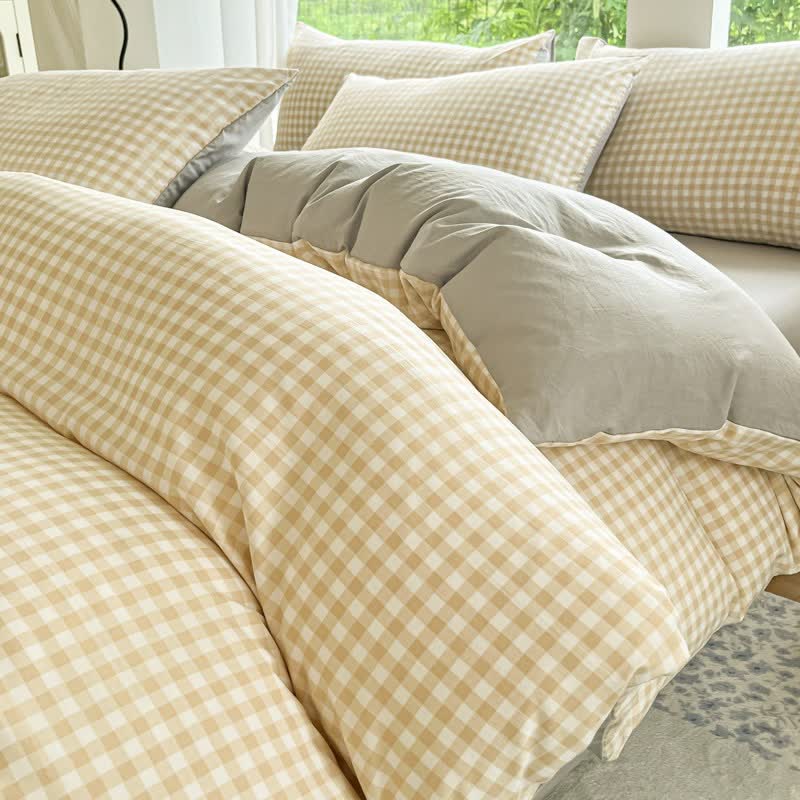 Pastel Gingham Pure Cotton Bedding Set - Yellow - Bedding Set - King - image 12