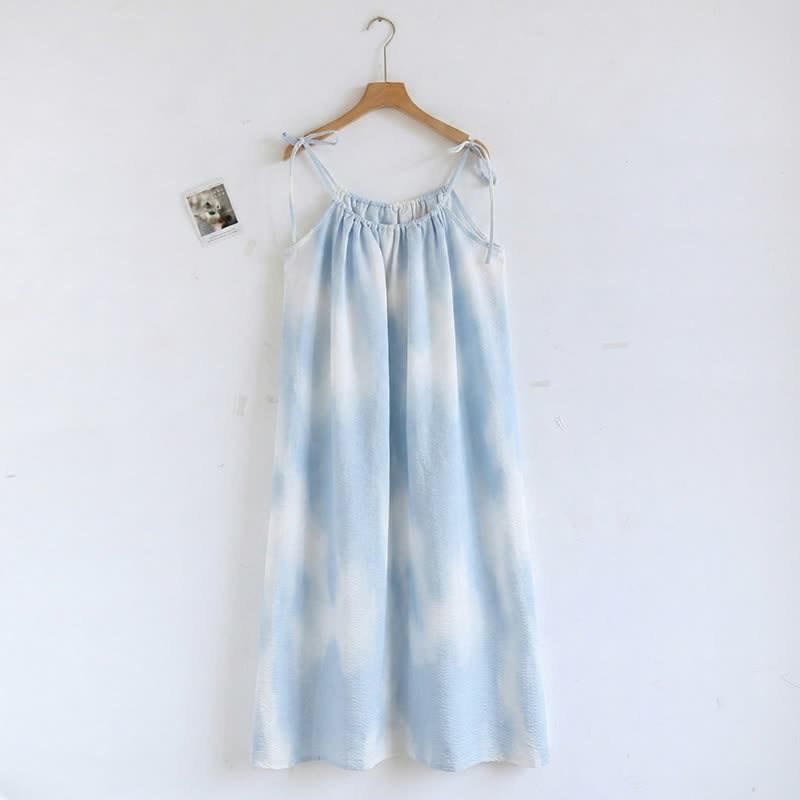 Artistic Blue Cotton Tie Strap Nightgown - Blue - 2XL - image 0