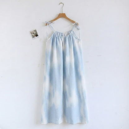 Artistic Blue Cotton Tie Strap Nightgown - Blue - 2XL - image 0