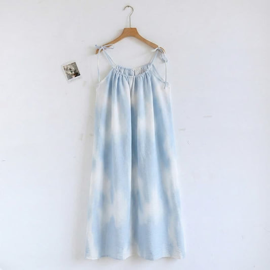Artistic Blue Cotton Tie Strap Nightgown - Blue - 2XL - image 0