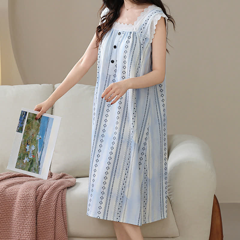 Square Neck Striped Floral Sleeveless Nightgown - image 1