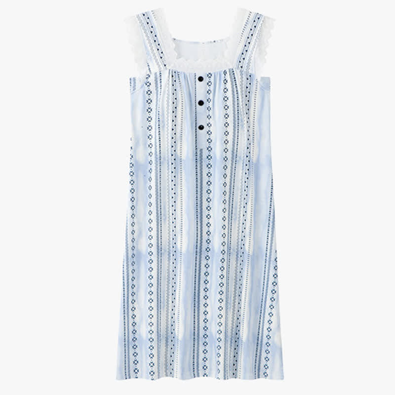 Square Neck Striped Floral Sleeveless Nightgown - image 6