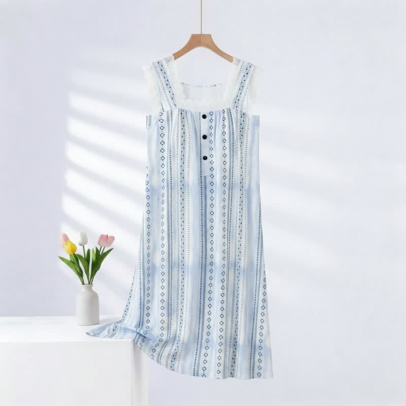 Square Neck Striped Floral Sleeveless Nightgown - Blue - 2XL - image 0