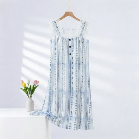 Square Neck Striped Floral Sleeveless Nightgown - Blue - 2XL - image 0