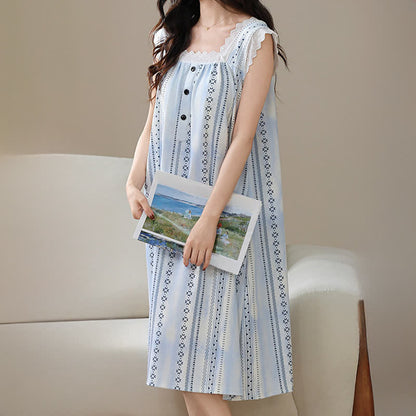 Square Neck Striped Floral Sleeveless Nightgown - image 2