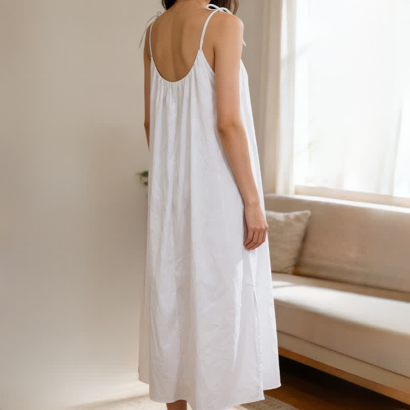Solid Color Cotton Sleeveless Tie Strap Nightgown - image 9