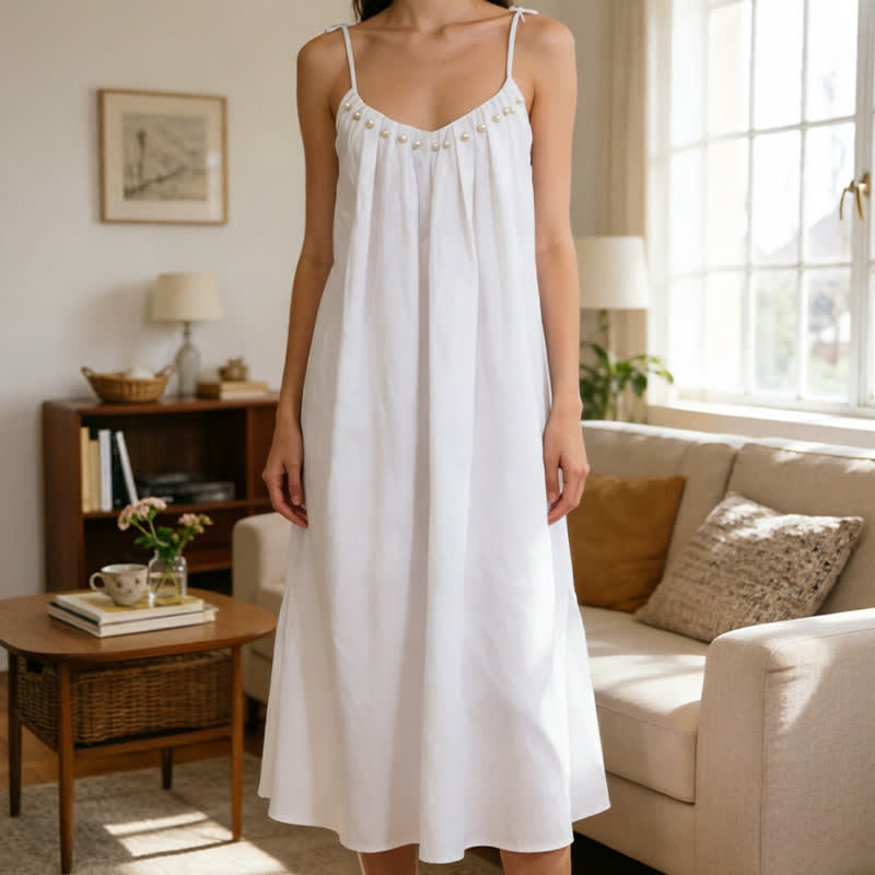 Solid Color Cotton Sleeveless Tie Strap Nightgown - image 8