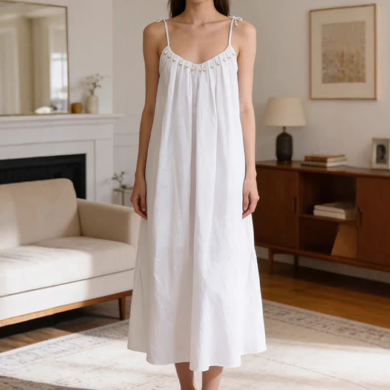 Solid Color Cotton Sleeveless Tie Strap Nightgown - White - XL - image 7