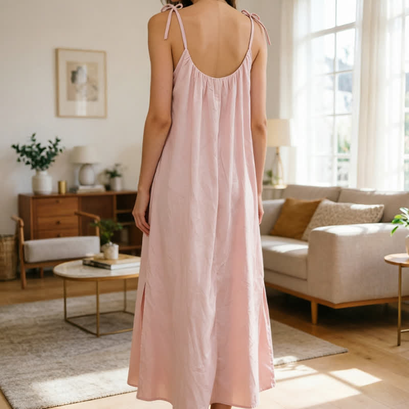 Solid Color Cotton Sleeveless Tie Strap Nightgown - image 5