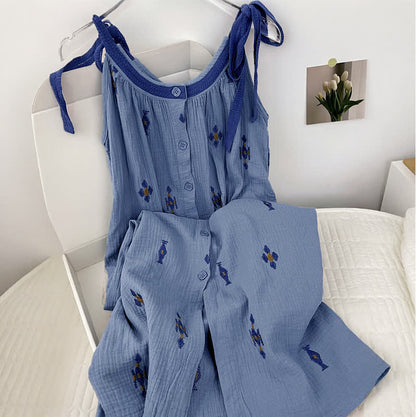 Blue Cotton Gauze Tie Strap Nightgown - image 2