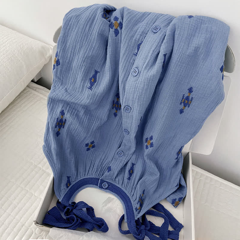 Blue Cotton Gauze Tie Strap Nightgown - image 5