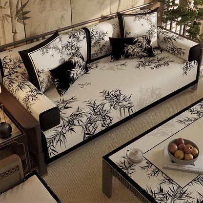 Vintage Oriental Bamboo Leaf Sofa Slipcover - image 1