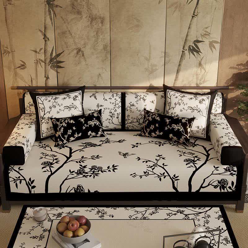Vintage Oriental Branch & Floral Sofa Slipcover - Sofa Protector - 43" x 110" - image 0