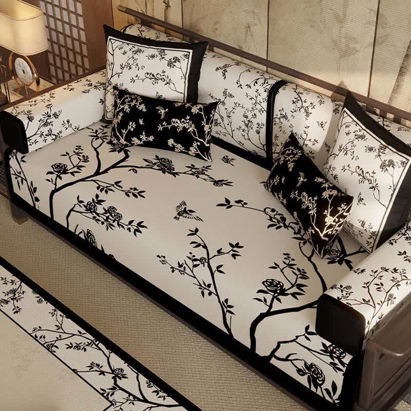 Vintage Oriental Branch & Floral Sofa Slipcover - image 1