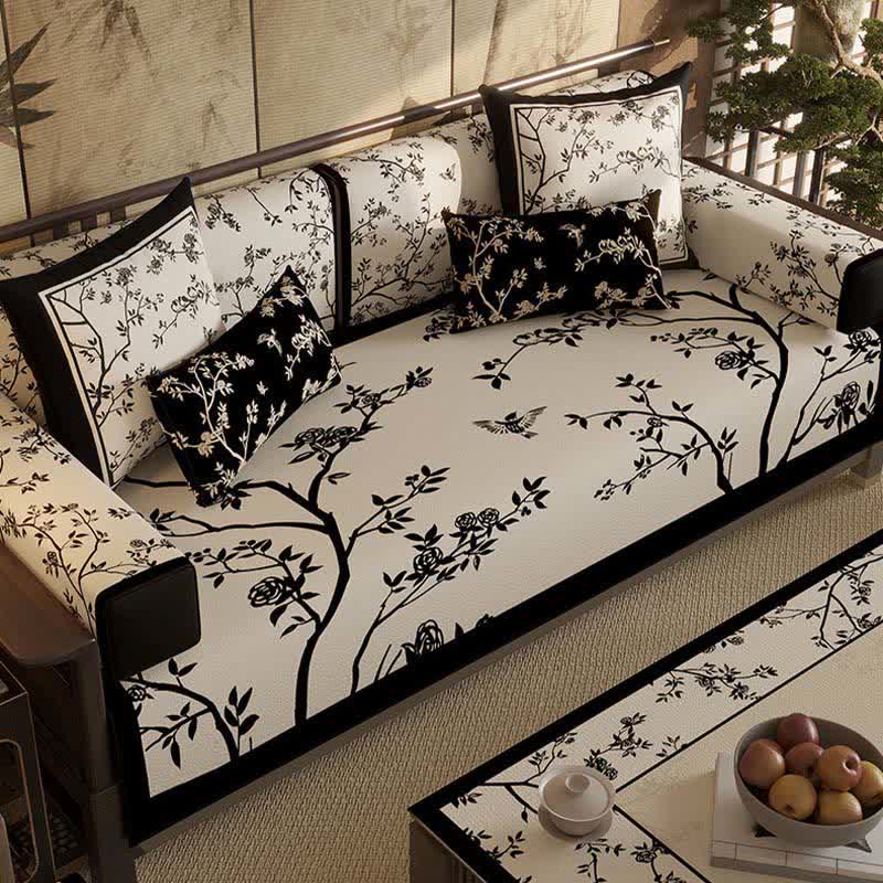 Vintage Oriental Branch & Floral Sofa Slipcover - image 2