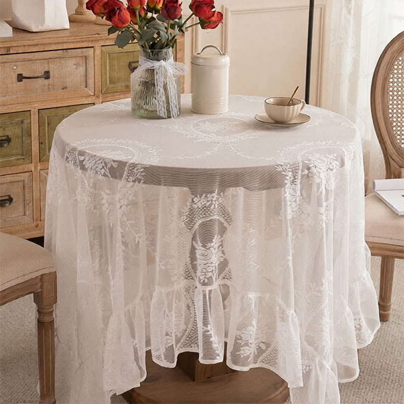 Romantic Floral Lace Ruffled Edge Tablecloth - 59" x 118" - Rectangle - White - image 0