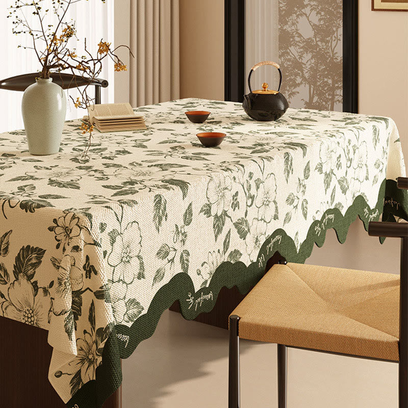 Vintage Green Floral Cotton Linen Tablecloth - 55" x 87" - Rectangle - image 0