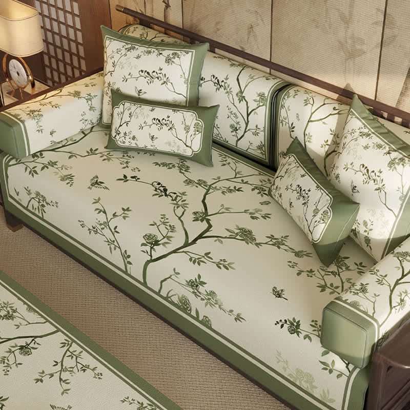 Vintage Green Branch & Floral Sofa Slipcover - image 2