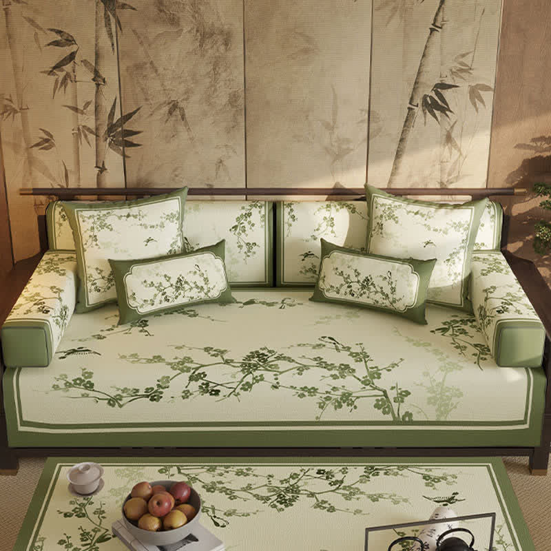 Vintage Green Plum Blossom Sofa Slipcover - Sofa Protector - 43" x 110" - image 0