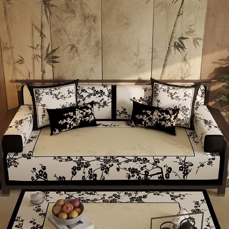 Oriental Plum Blossom Bordered Sofa Slipcover - Sofa Protector - 43" x 110" - image 0