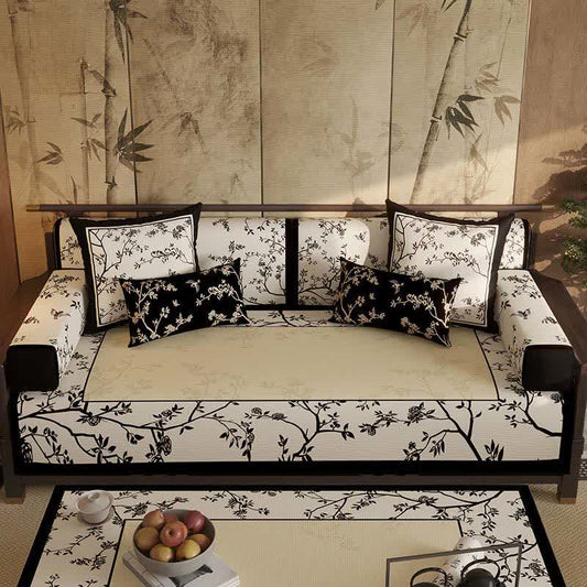 Vintage Oriental Floral Bordered Sofa Slipcover - Sofa Protector - 43" x 110" - image 0