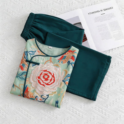 Retro Floral Eastern-Inspired Loungewear Set - Green - M - image 0