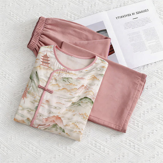 Oriental Landscape Eastern-Inspired Loungewear Set - Pink - M - image 0