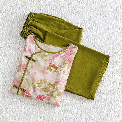 Oriental Cherry Blossom-Inspired Pajama Set - Green - M - image 0