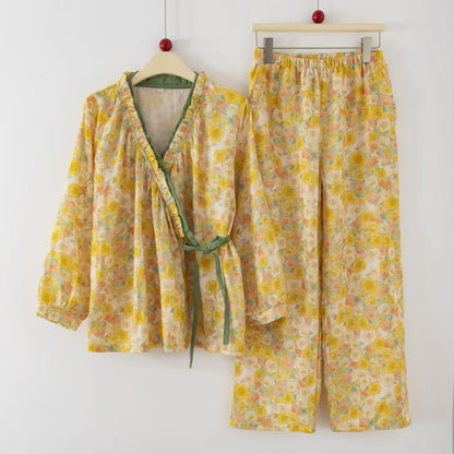 Yellow Floral Cotton Ruffle Wrap Loungewear Set - Yellow - XL - image 0