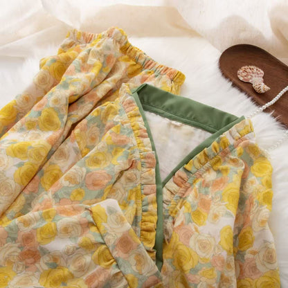 Yellow Floral Cotton Ruffle Wrap Loungewear Set - image 1