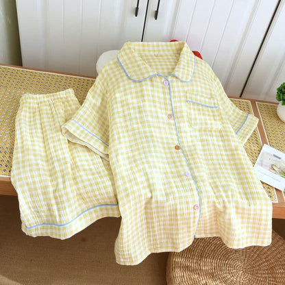 Gingham Cotton Gauze Pajamas with Colorful Buttons - Yellow - XL - image 15