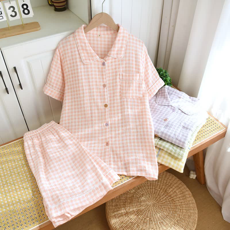 Gingham Cotton Gauze Pajamas with Colorful Buttons - image 4