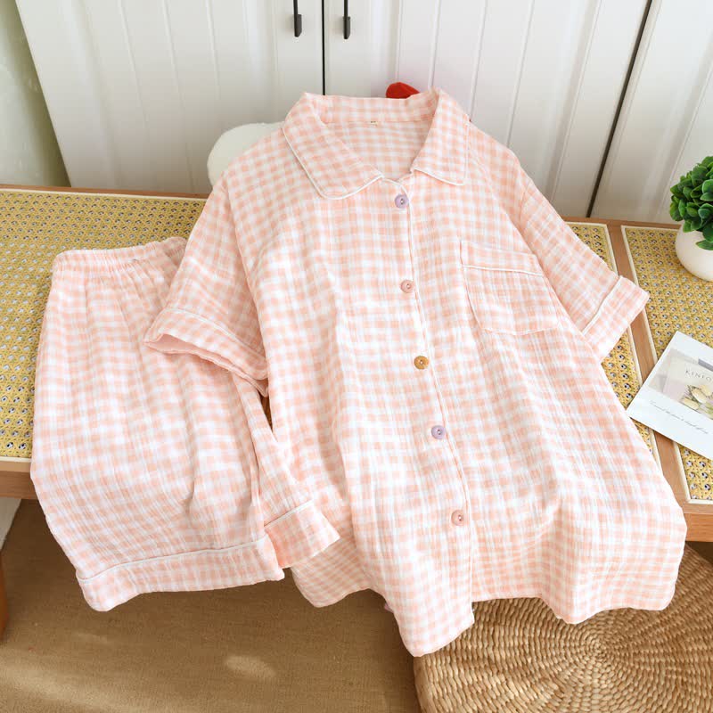 Gingham Cotton Gauze Pajamas with Colorful Buttons - Pink - XL - image 5