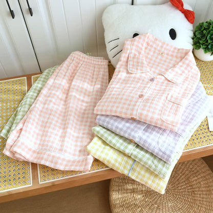 Gingham Cotton Gauze Pajamas with Colorful Buttons - image 1