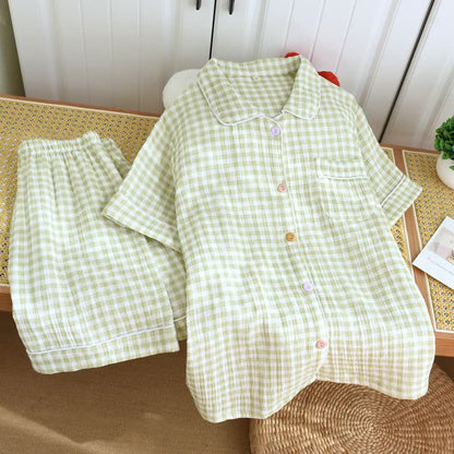 Gingham Cotton Gauze Pajamas with Colorful Buttons - Green - XL - image 16