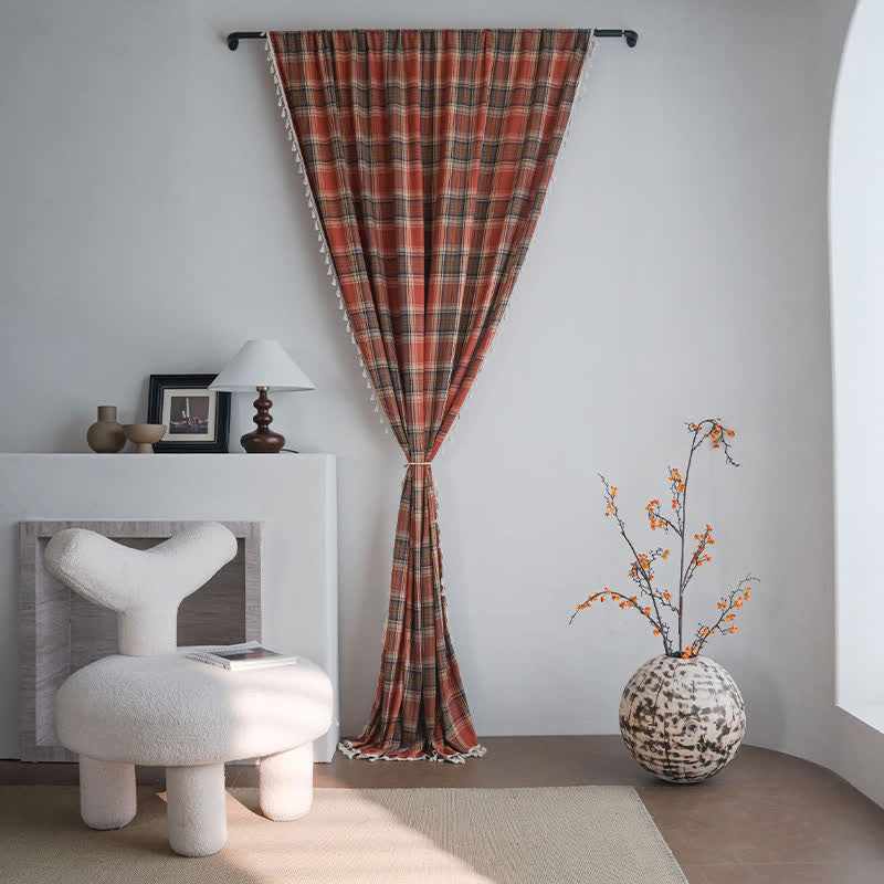 Farmhouse Style Rust Red Plaid Tassel Curtain - image 0