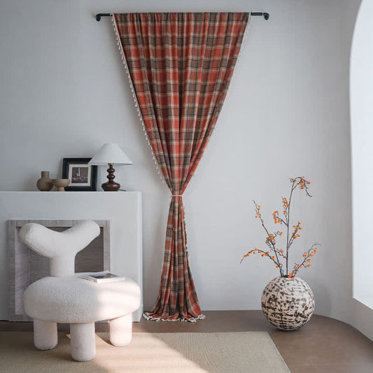 Farmhouse Style Rust Red Plaid Tassel Curtain - image 0