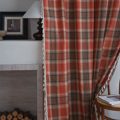Farmhouse Style Rust Red Plaid Tassel Curtain - image 8