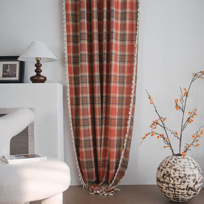 Farmhouse Style Rust Red Plaid Tassel Curtain - image 5