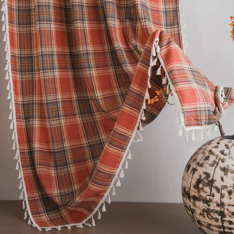 Farmhouse Style Rust Red Plaid Tassel Curtain - image 6
