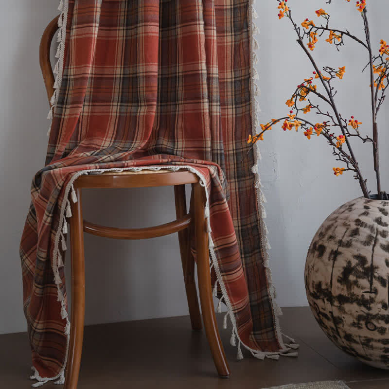 Farmhouse Style Rust Red Plaid Tassel Curtain - image 7