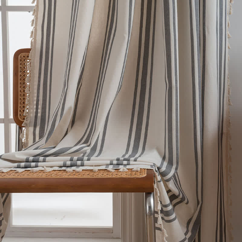 Gray & White Stripe Tassel Curtain - image 3