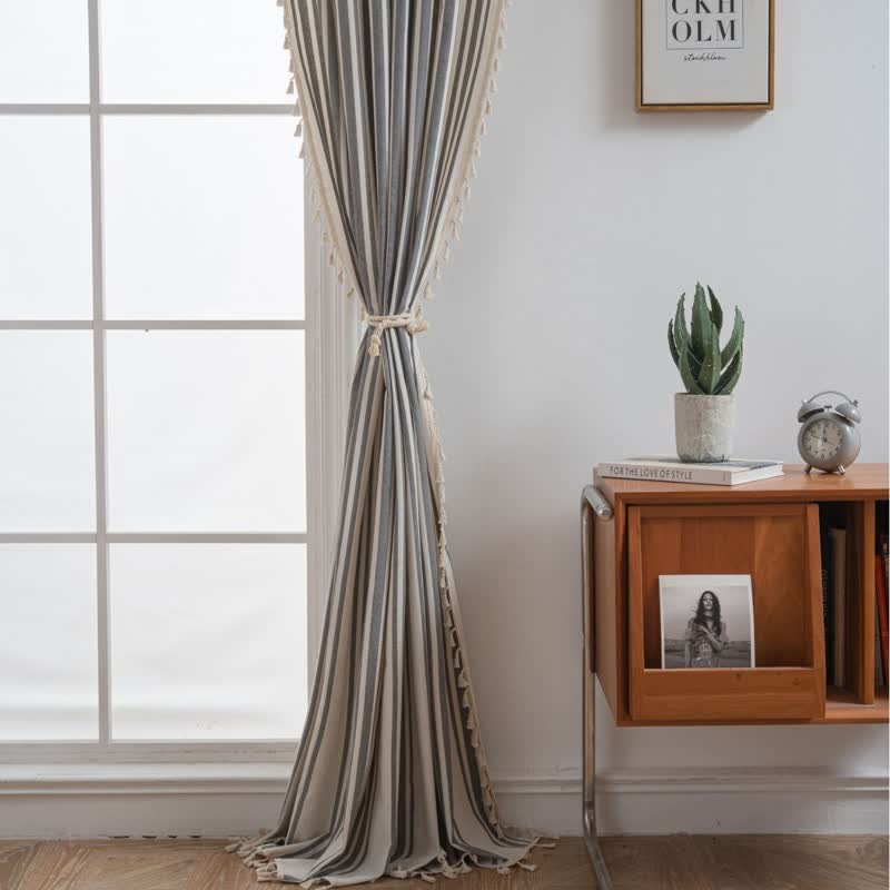Gray & White Stripe Tassel Curtain - Grommet - 59" x 110" - image 0