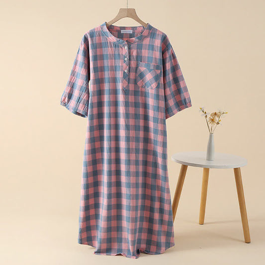 Plaid Cotton Gauze Nightgown with 3-Button - Pink - XL - image 0