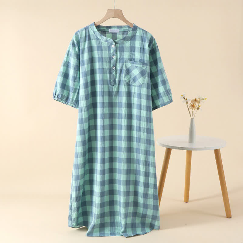 Plaid Cotton Gauze Nightgown with 3-Button - Green - XL - image 2